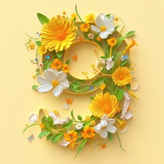 A lively composition showcases bright flowers entwined to create the numeral nine. The design bursts with colors, reflecting joy and the beauty of nature