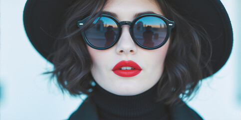 Fototapeta premium Fashion portrait of a young woman with round sunglasses and black fedora. Stylish brunette with red lips and city reflection in shades