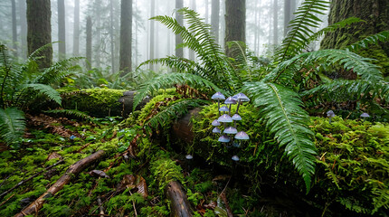 Mystical Forest Floor with Moss Covered Log and Fungi woods nature
