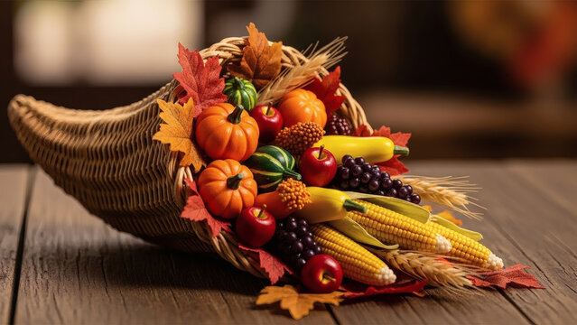 A cornucopia filled with fruits vegetables and autumn leaves on wood - Powered by Adobe