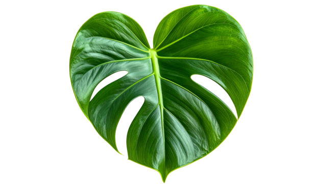 Heart-shaped, vibrant green tropical leaf with distinctive holes against a black background