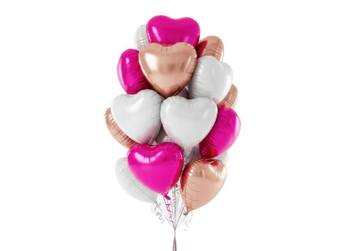 Hyper-realistic still life of glossy, heart-shaped foil mylar balloons (pink, rose gold, white) floating in a transparent studio with copy space. Concept of modern romance and celebration