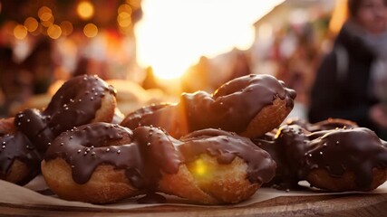 A warm sunset highlights the delicious chocolate pastries on display, creating an inviting ambiance. The chocolate donuts glisten as they tempt customers with their sweet allure.