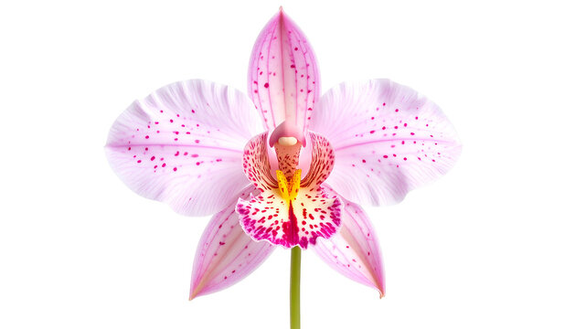 A close-up of a pink and white orchid blossom against a stark black background - Powered by Adobe
