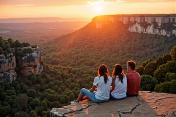 Aerial View of Friends Enjoying Sunset on Cliff Edge