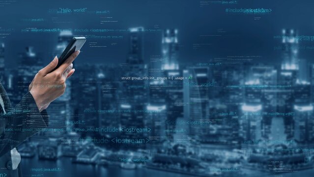 A business professional holds a smartphone against a stunning city skyline at night, with digital data elements representing technology and innovation for a modern lifestyle. Xenic