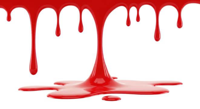 Bright red paint dripping isolated PNG, glossy liquid splatters and flows for artistic design and creative projects on transparent background