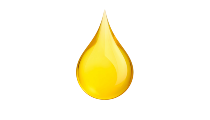 Single, glossy, yellow drop of liquid, with highlights and refractions, against black background