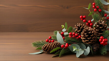 Elegant Christmas corner arrangement with natural pine cones, fir branches, and red berries on a dark wooden background with copy space