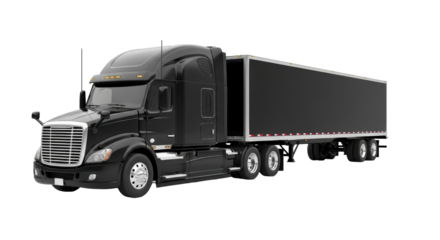 Sleek black semi-truck with trailer PNG isolated on transparent background, modern commercial vehicle for transportation and logistics