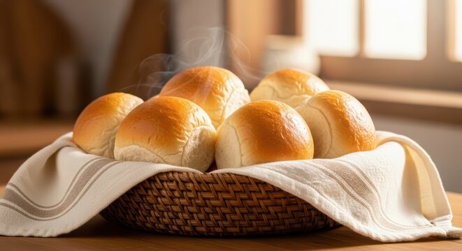 Warm freshly baked bread rolls in wicker basket by sunny window - Powered by Adobe