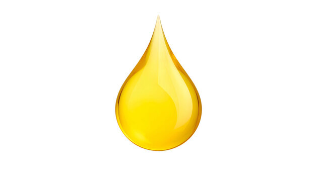 Single, glossy, yellow drop of liquid, with highlights and refractions, against black background