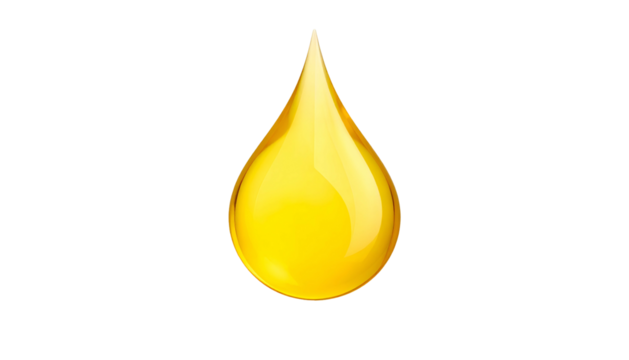 Single, glossy, yellow drop of liquid, with highlights and refractions, against black background