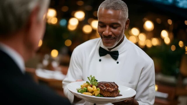 4K Elegant fine dining restaurant scene with smiling chef serving gourmet dish to elderly man, warm lighting, bokeh background, luxury atmosphere ine dining, gourmet