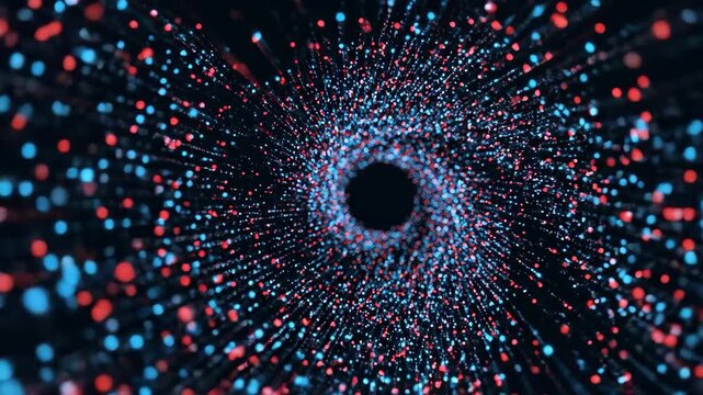 Dynamic blue and red particle streams flowing across a dark background, a modern abstract design