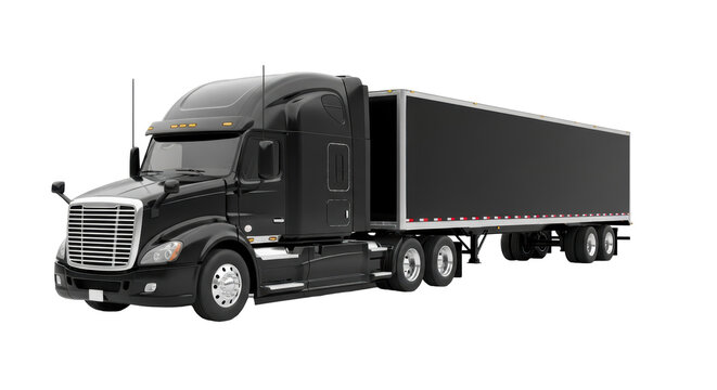Sleek black semi-truck with trailer PNG isolated on transparent background, modern commercial vehicle for transportation and logistics