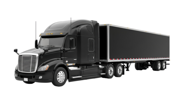 Sleek black semi-truck with trailer PNG isolated on transparent background, modern commercial vehicle for transportation and logistics
