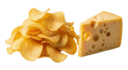 Delicious potato chips and Swiss cheese isolated PNG, savory snack food on transparent background, appetizer for party or picnic