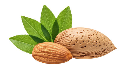 Almond nut with shell and leaves isolated PNG, healthy snack food ingredient on transparent background for culinary and dietary use