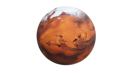 Detailed Mars planet PNG isolated on transparent backdrop, red planet with polar ice caps and surface features, space exploration