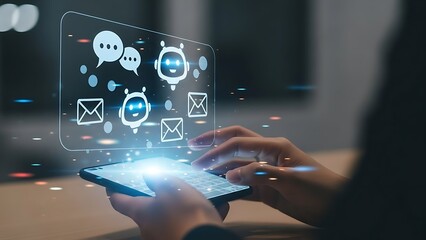 A persons hands hold a smartphone, interacting with a futuristic holographic display showing ai chatbot characters, speech bubbles, and email icons, representing advanced digital communication and art