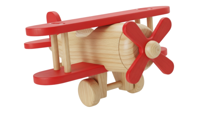 Wooden toy airplane PNG isolated, red and natural wood biplane model for kids room decor and educational play, on transparent background