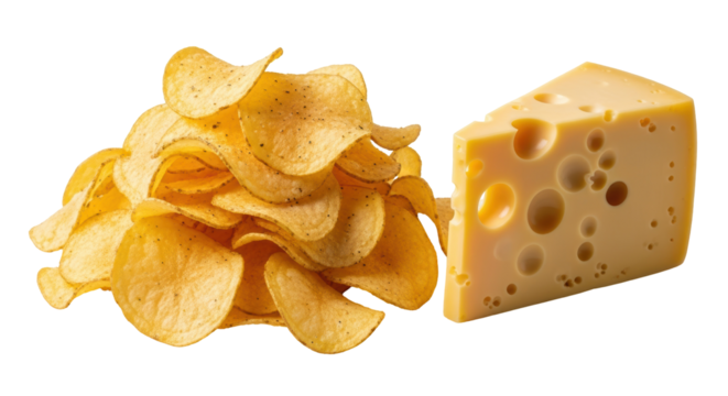 Delicious potato chips and Swiss cheese isolated PNG, savory snack food on transparent background, appetizer for party or picnic