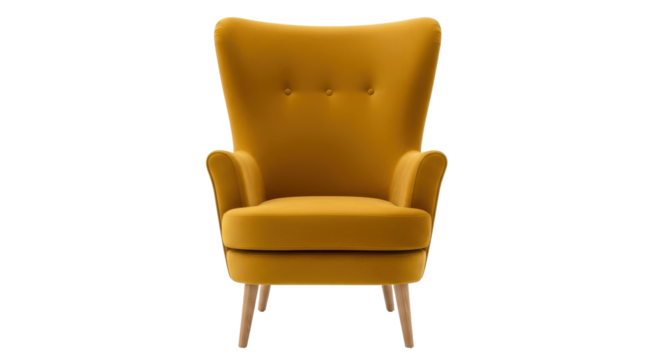 Mustard yellow armchair PNG isolated on transparent background, modern wingback chair for living room and home decor - Powered by Adobe