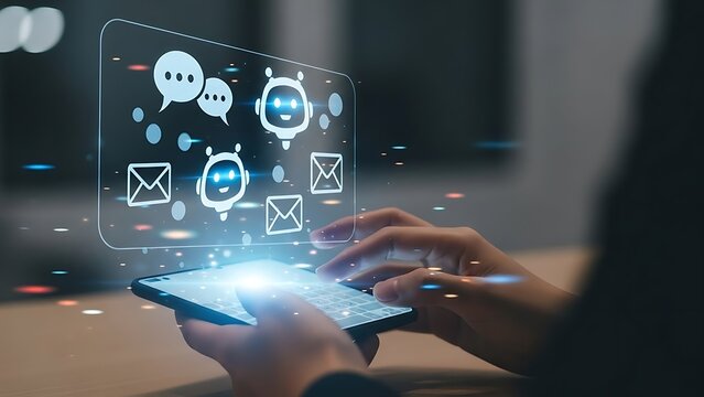 A persons hands hold a smartphone, interacting with a futuristic holographic display showing ai chatbot characters, speech bubbles, and email icons, representing advanced digital communication and art