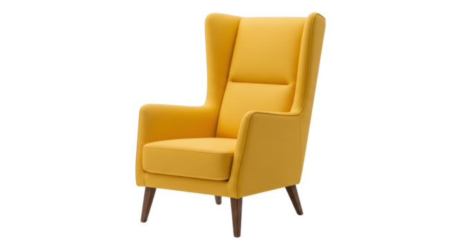 Stylish yellow wingback armchair isolated PNG, modern furniture for living room or office on transparent background