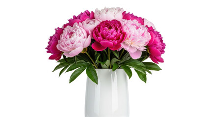 Pink and magenta peony bouquet in a white vase isolated PNG, floral arrangement on transparent background for wedding and spring designs