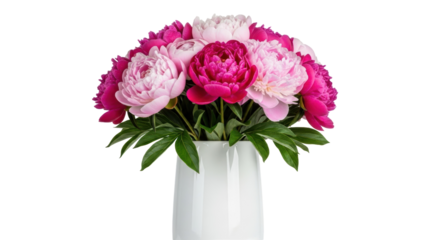 Pink and magenta peony bouquet in a white vase isolated PNG, floral arrangement on transparent background for wedding and spring designs