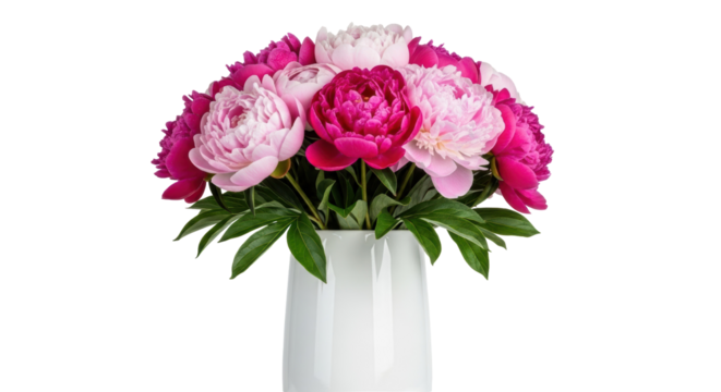 Pink and magenta peony bouquet in a white vase isolated PNG, floral arrangement on transparent background for wedding and spring designs