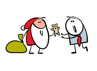 Generous Santa Claus gives gifts. Vector illustration of a fairy-tale character giving a teddy bear to a businessman. An adult man is playing with children's toys and dolls.