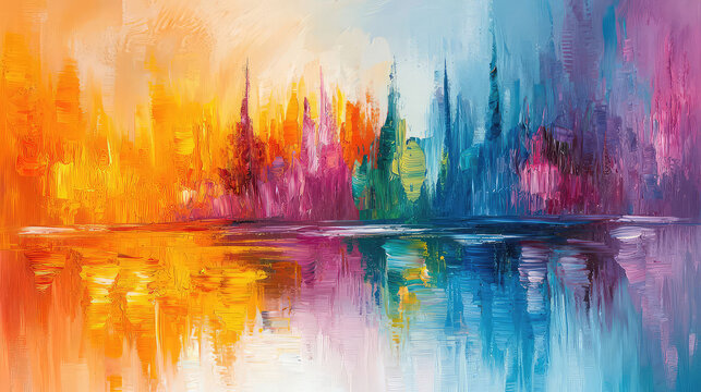 Colorful reflections in water, presenting a vivid array of hues that mimic an abstract painting on the natural canvas of a lake