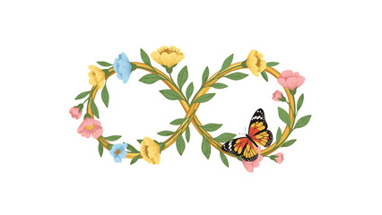 A vibrant butterfly resting delicately on a floral infinity symbol, making it a beautiful symbol of enduring love and nature's beauty