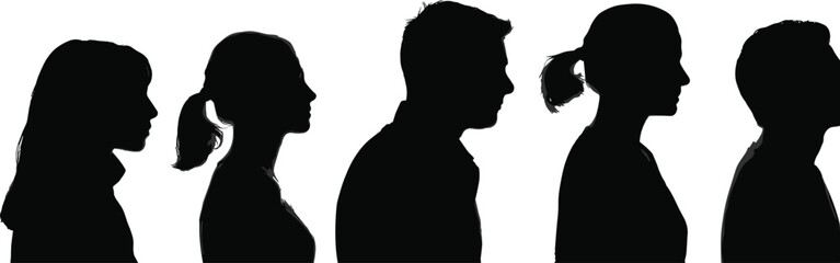 Diverse group of five people side profile silhouettes vector illustration, representing communication, identity, anonymous users, crowd, and human heads in a line