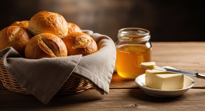 Fresh bread rolls in basket with honey jar and butter on rustic wooden table - Powered by Adobe