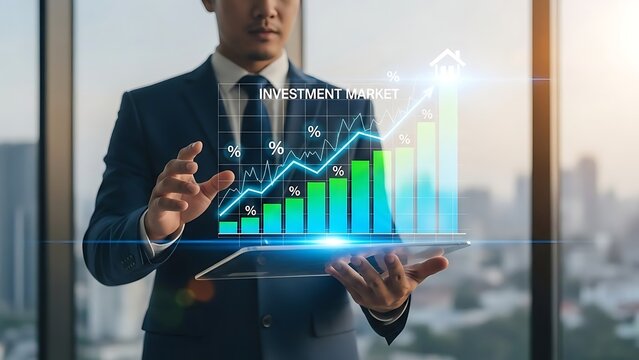 Businessman in a suit holding a digital tablet displaying a holographic financial growth chart with an upward trend, representing investment finance, market analysis, and strategic business developmen