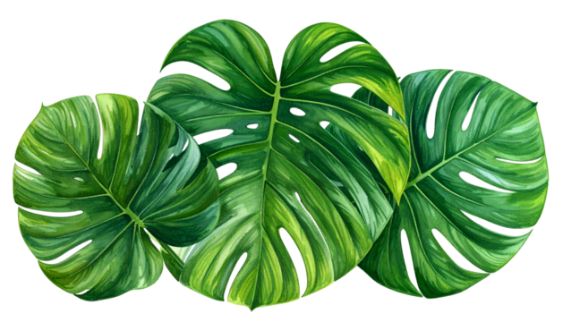 Close-up of three vibrant green Monstera leaves with their characteristic fenestrations
