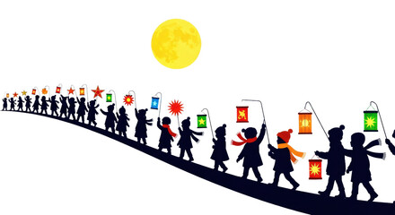 silhouette procession of children in warm winter clothes holding colorful glowing paper lanterns over a curved hill against a stark white background. festive celebration atmosphere
