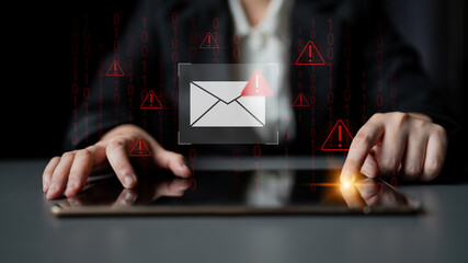 Phishing email alert concept showing digital envelope with warning sign represents data theft, network breach, and email security threats. Parse