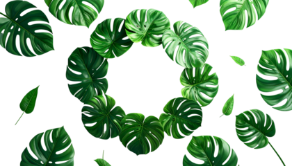 Lush green monstera leaves arranged in a wreath and scattered against a black background