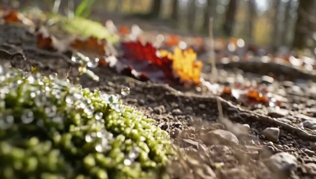 Close-up of moss with dew drops and fallen leaves on a forest floor autumn water droplets - Powered by Adobe