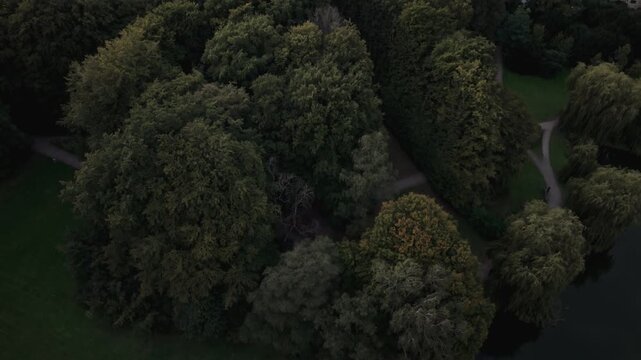 Aerial view of trees and pathways in Pildammsparken in Malmo, Sweden.