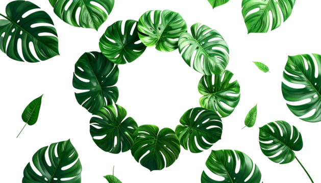 Lush green monstera leaves arranged in a wreath and scattered against a black background