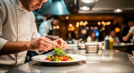 Young caucasian male chef preparing gourmet dish in restaurant kitchen