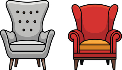 Fototapeta premium Vector Illustration Set of Classic High-Back Armchairs Featuring Tufted Wingback and Traditional Red Accent Chairs for Cozy Home Interior Design.