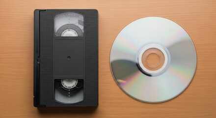 Retro vhs tape and modern cd comparison on wooden surface
