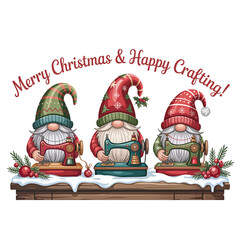 Three cheerful gnomes don festive hats as they sit at vintage sewing machines.
